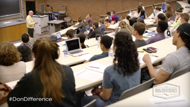 Stevenson teaching in lecture hall.