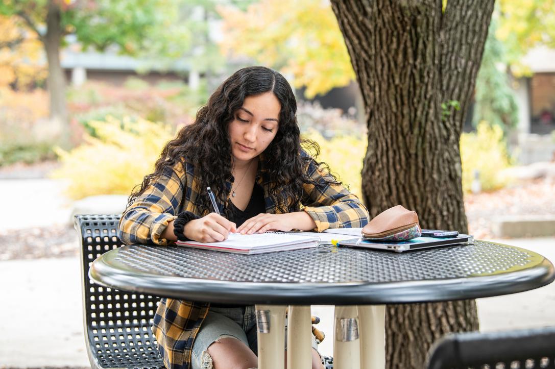 Student studying outside.