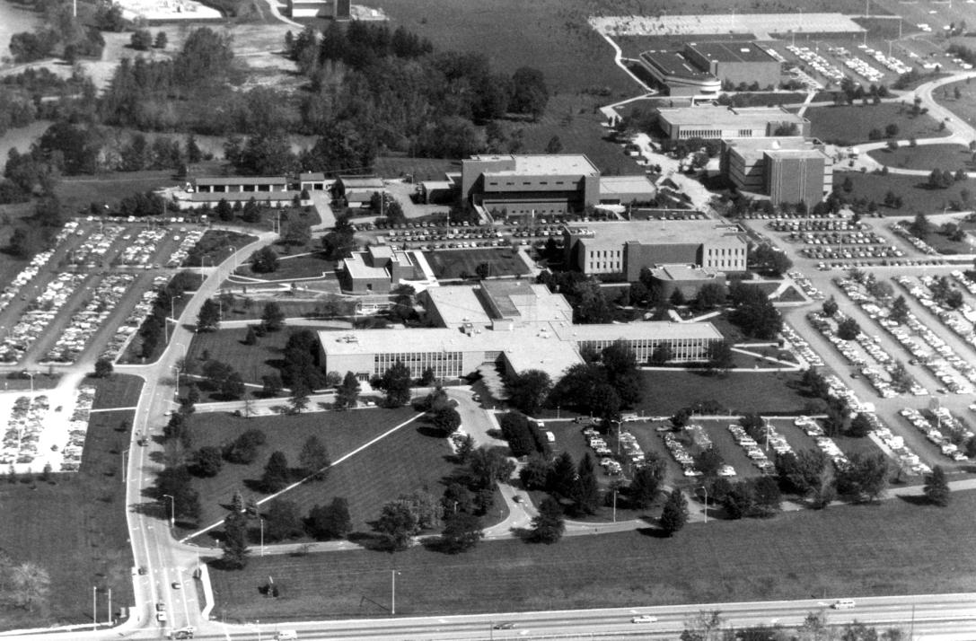 Arial view of campus in the 1960s and early 70s