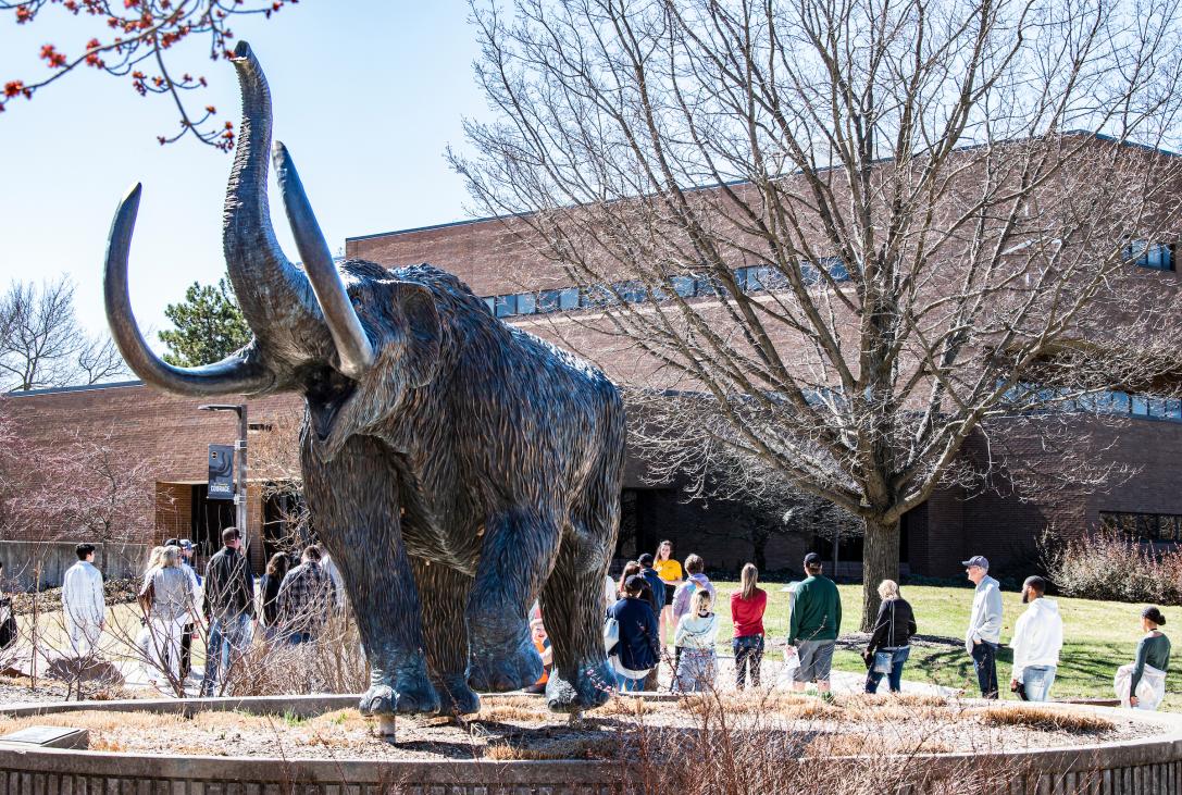 Mastodon and students on Spring Campus Visit Day.