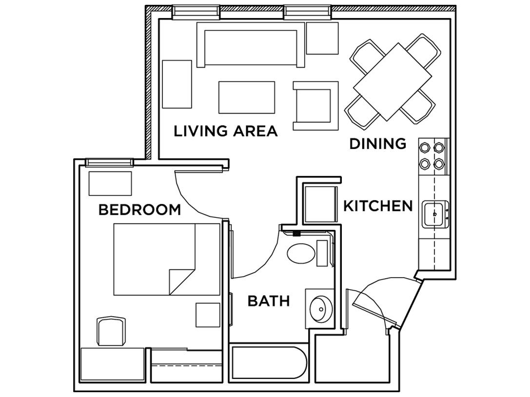 1 bedroom 1 bathroom floor plan.