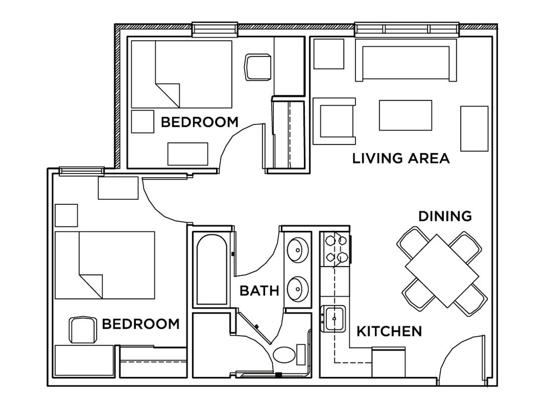 2 bedroom 1 bath floor plan.