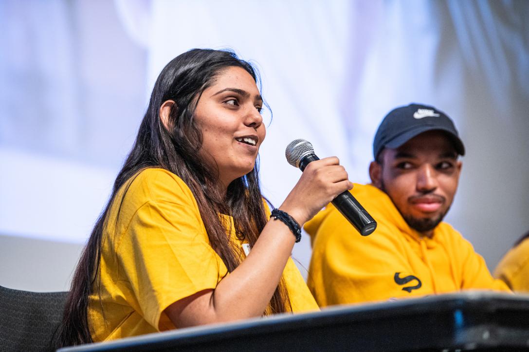 Students on a panel speak to new admits at Fall Campus Visit Day.