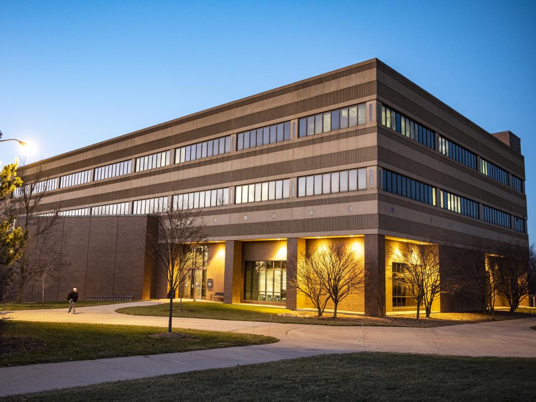 Science building at dusk.