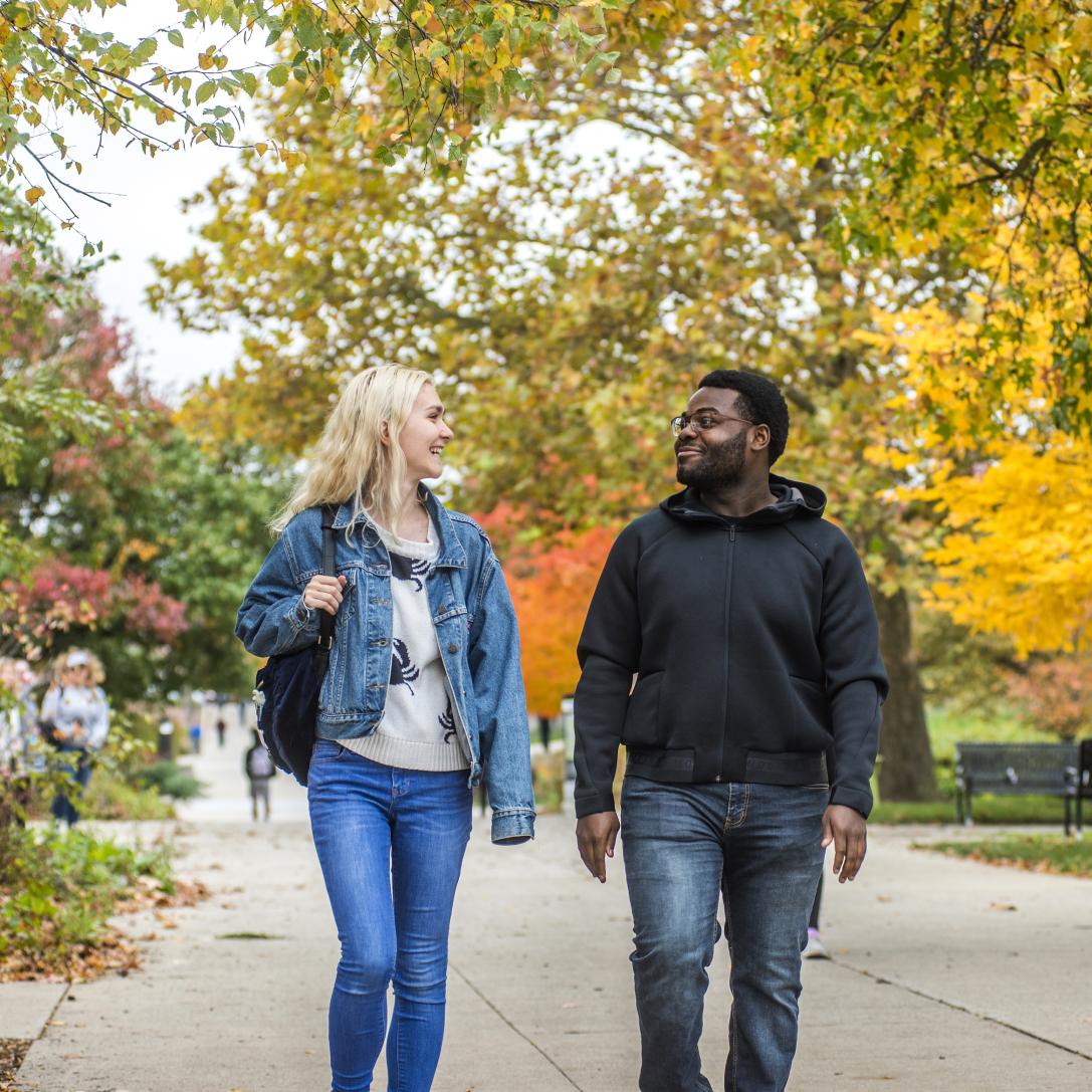 Students walking and discussing their class notes.