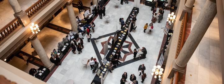 Overhead shot of the interior of the Indiana state senate.