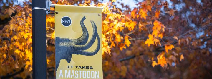 It takes a Mastodon pole banner with fall leaves in the background.