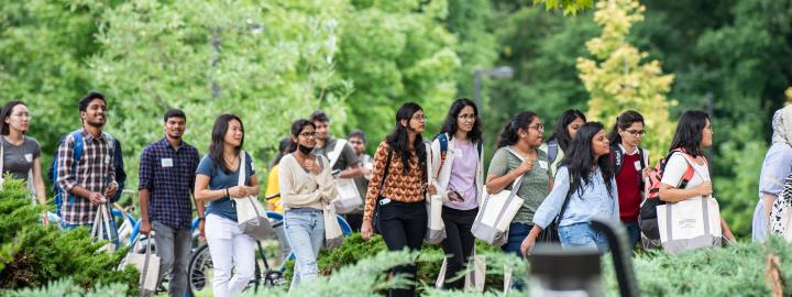 International students on an orientation walk around campus.