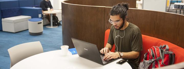 Student studying his class assignments on his laptop in the Helmke Library.