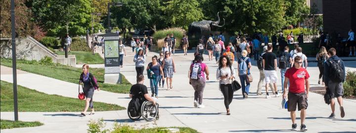 Students fill Mastodon Way when classes are over.