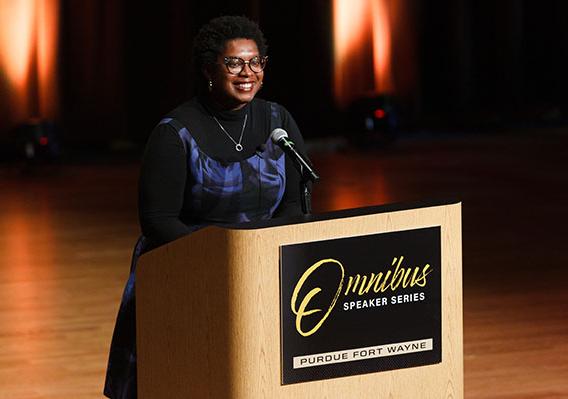 Omnibus speaker Ashley C. Ford speaks to the audiece in Auer Performance Hall