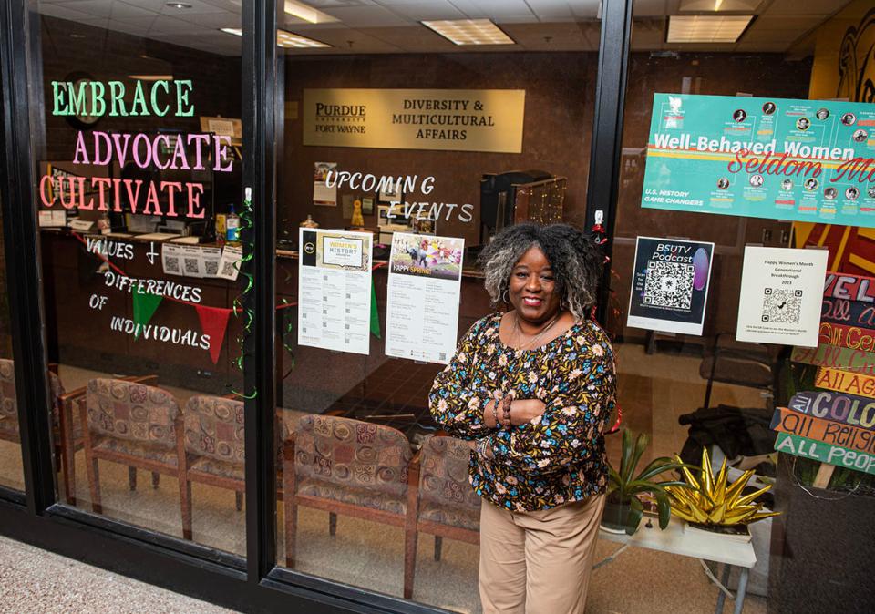 Rhonda Meriwether is standing in front of the Multicultural Center office