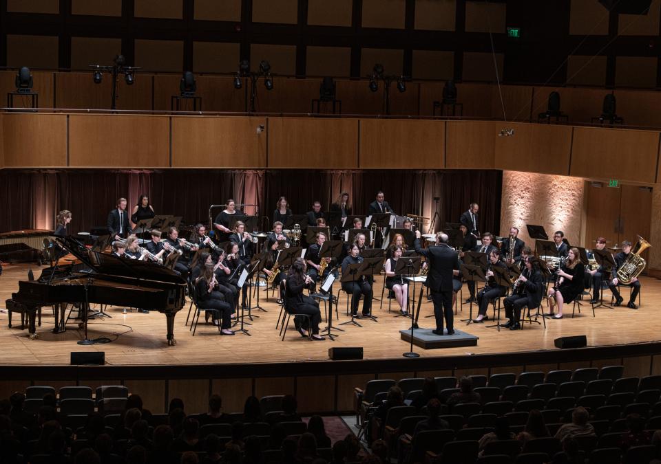 The PFW Symphonic Wind Ensemble is onstage in Auer Performance Hall.