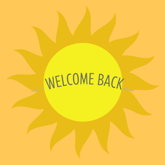 An orange background with a bright yellow sun with the words Welcome Back in the middle