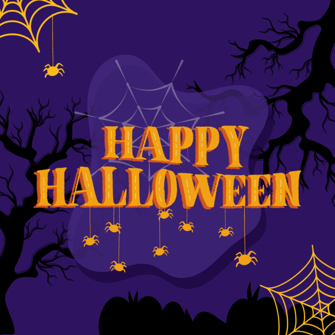 purple background with orange words saying happy halloween and cobwebs in the corner