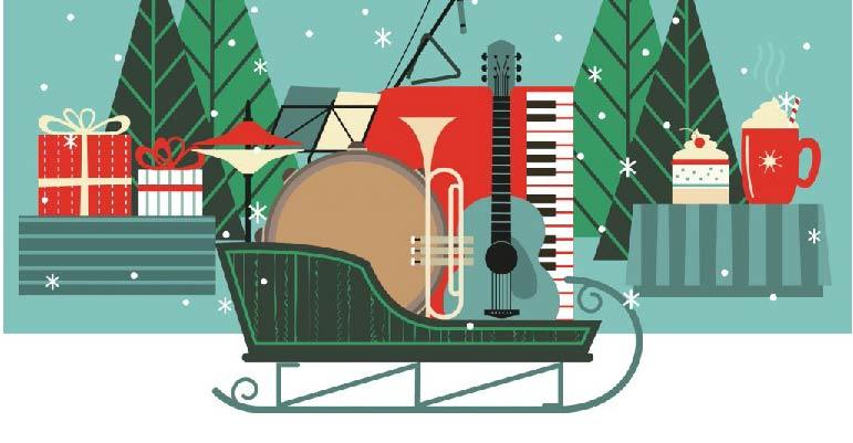 cartoon drawing of instruments in a sleigh