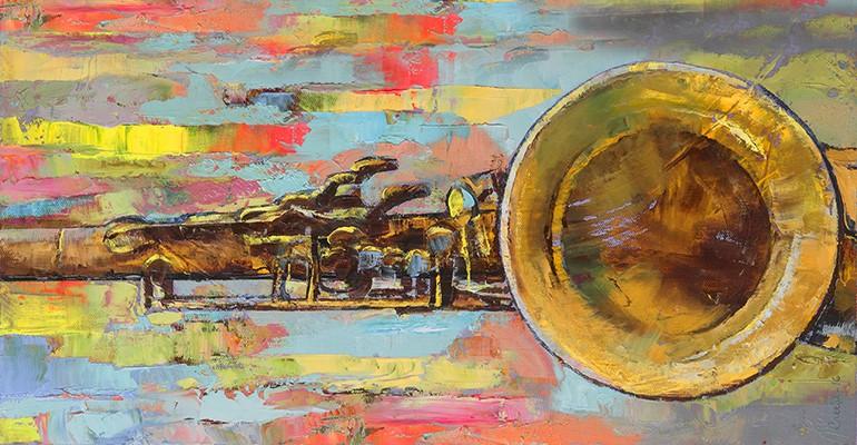 Saxophone painting with blue, pink, yellow, and gray 