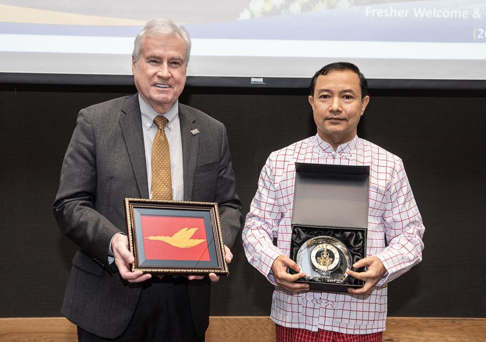 Ron Elsenbaumer, chancellor of Purdue University Fort Wayne, and Pon Nya Mon, chancellor of Mon National University.