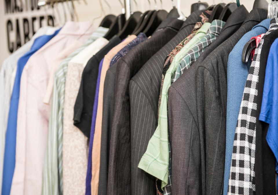 Close up photo of professional clothing for students to borrow to go on job interviews.