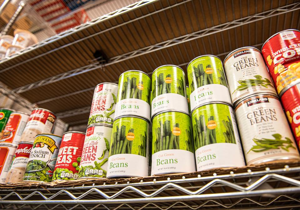 Close up photo of food pantry's stocked shelves.