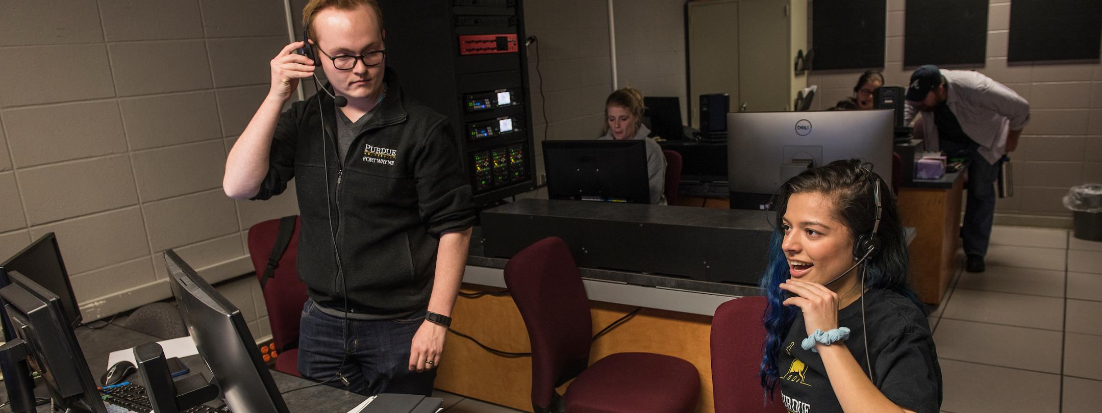 Students in a broadcasting studio