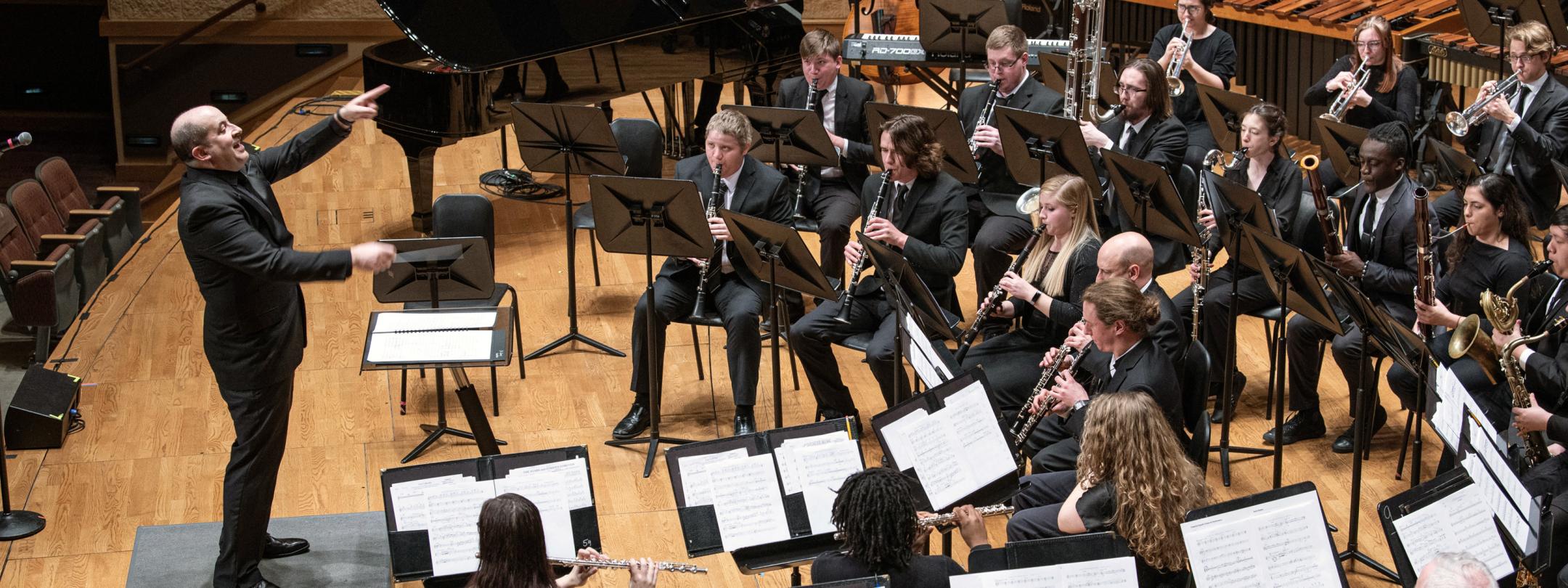 The PFW Symphonic Wind Ensemble is onstage in Auer Performance Hall.