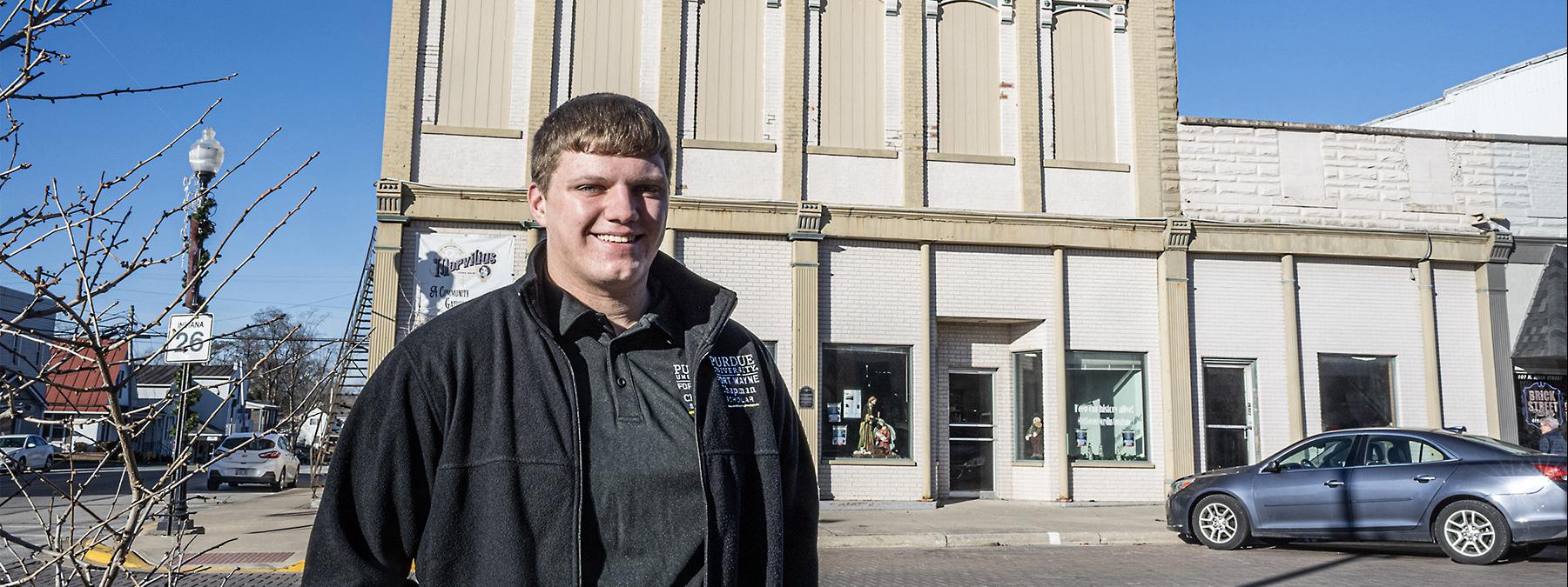 Caleb Evers in front of the Morvilius Opera House in Fort Recovery, Ohio.