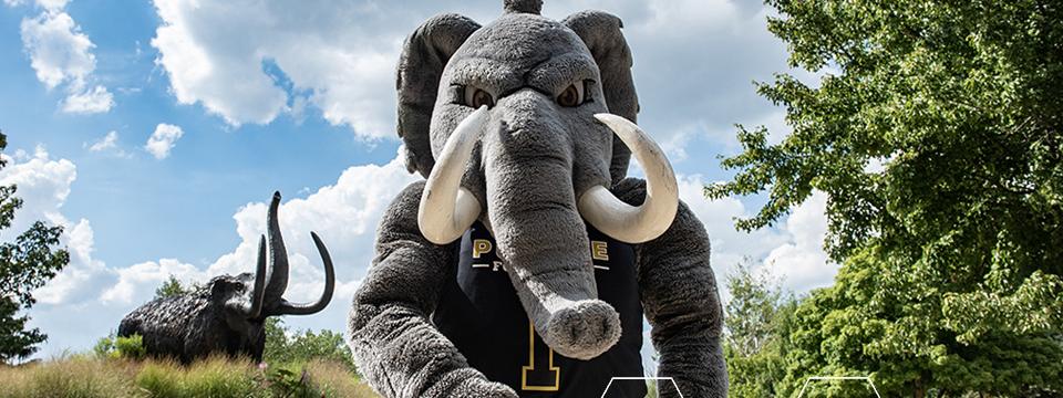 Don the Mastodon mascot standing in Alumni Plaza with mastodon sculpture in background