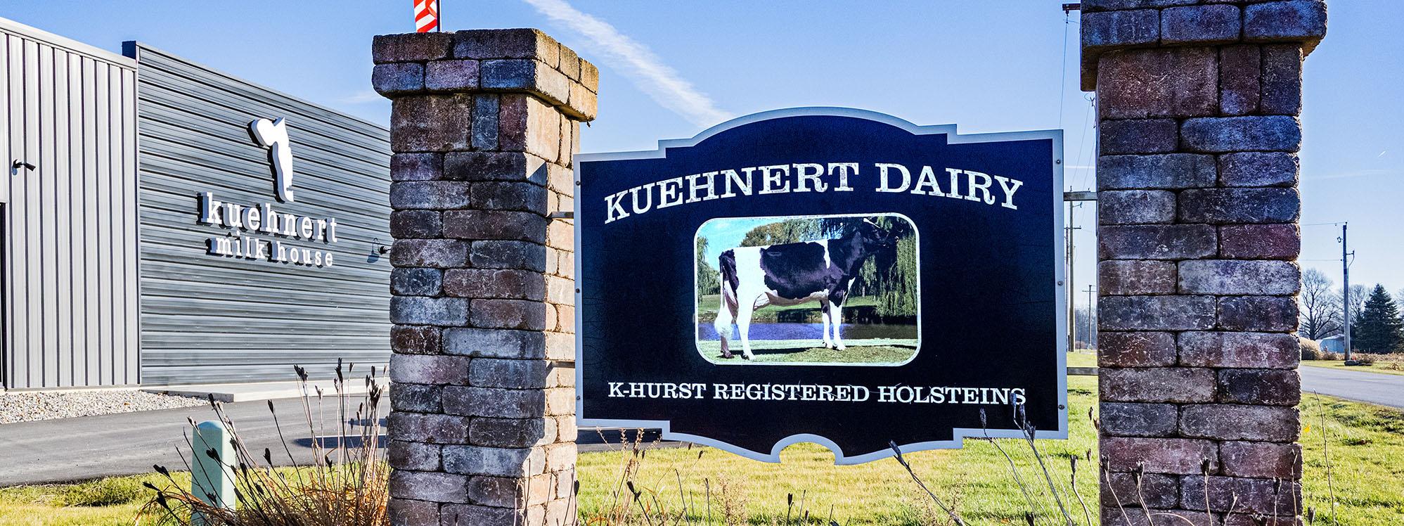 A sign marking the entrance to Kuehnert Dairy Farms.