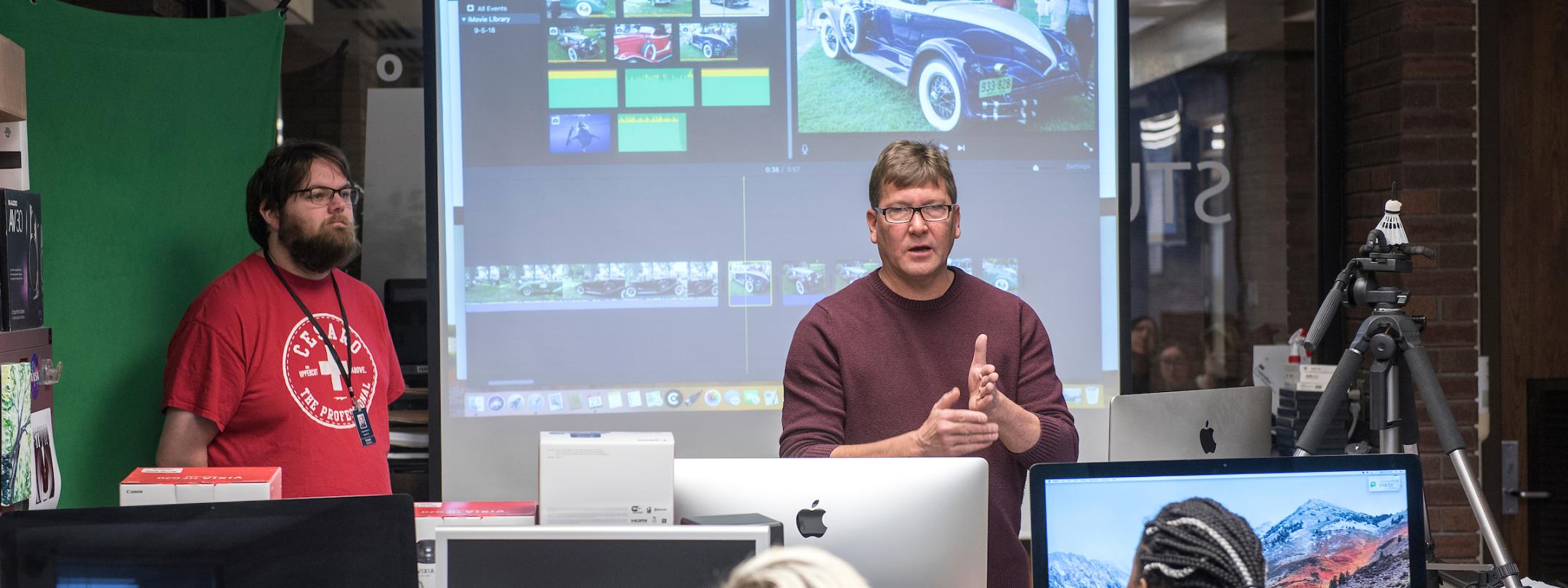 Instructor giving a lecture in Studio M.