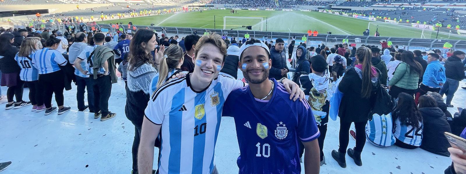 PFW senior Bobby Way (left) with his friend Tyell Gustavson from Utah State during the 2023 fall semester visiting River Plate Stadium in Buenos Aires, Argentina.