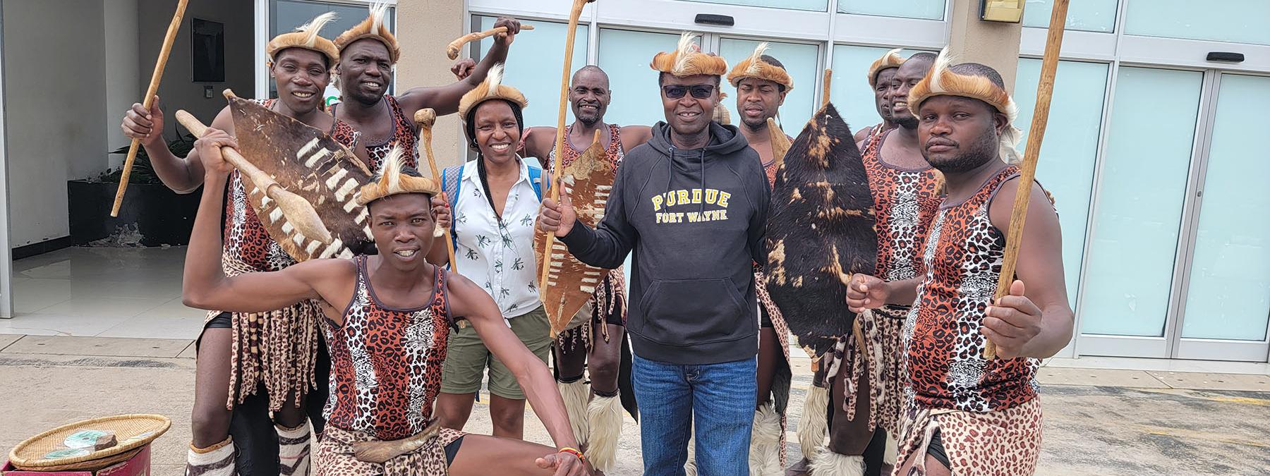 Professor Jospeter Mbuba was entertained by traditional dancers during his six-month Fulbright Scholar visit to Africa University in Zimbabwe.