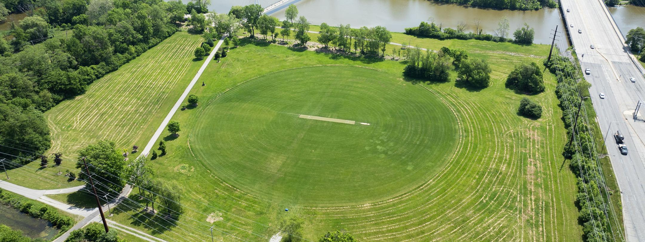 Aerial view of the cricket field at Purdue Fort Wayne