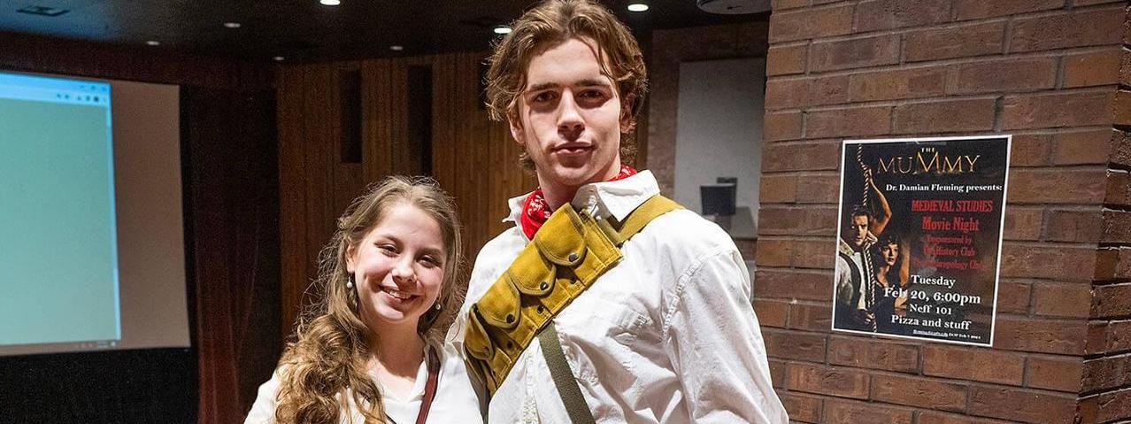 Isabel Hollis and Owen Saalfrank dressed the parts for a viewing of the film “The Mummy” on Feb. 20. The event was part of the Medieval Movie Nights series .