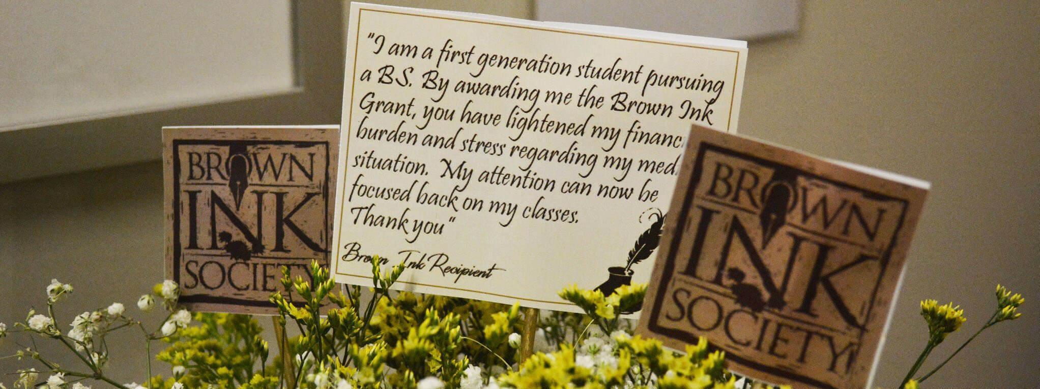 Table decorations at a Brown Ink Society event