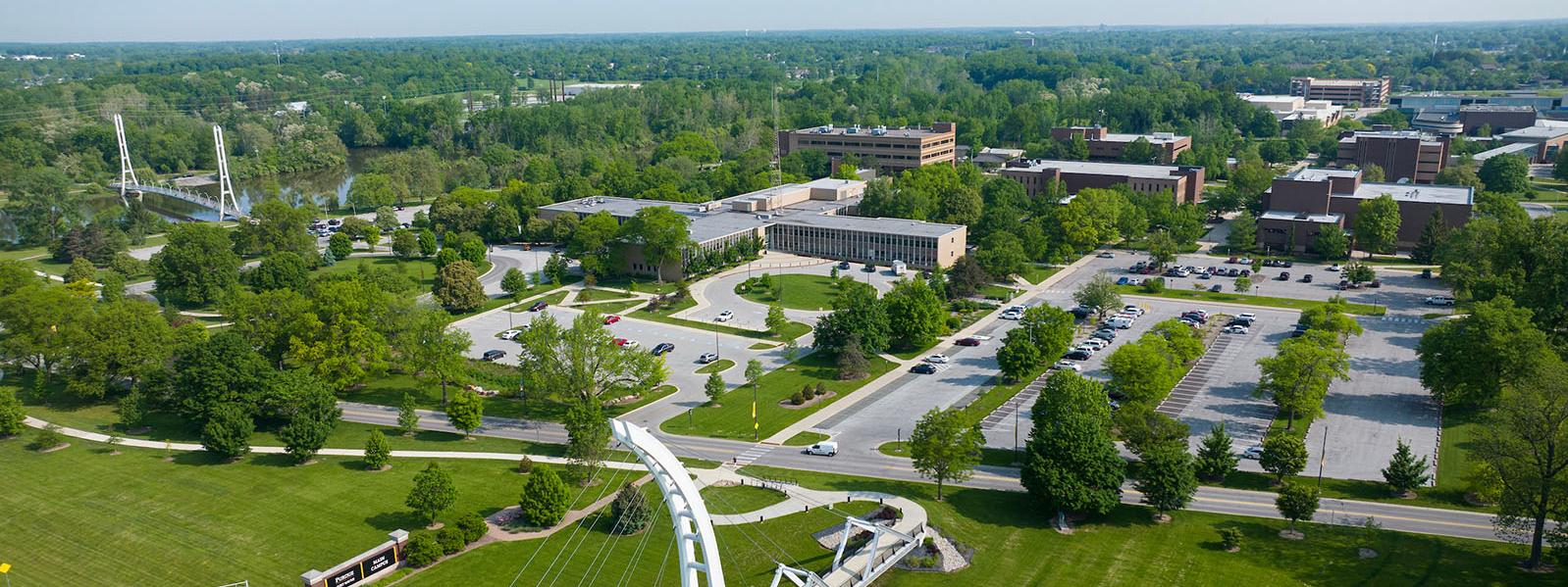Aerial view of PFW campus near the Venderly Bridge.