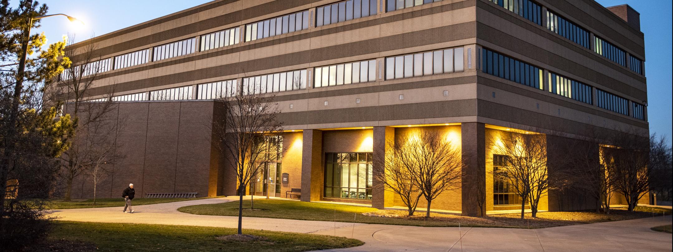 Science building at dusk.