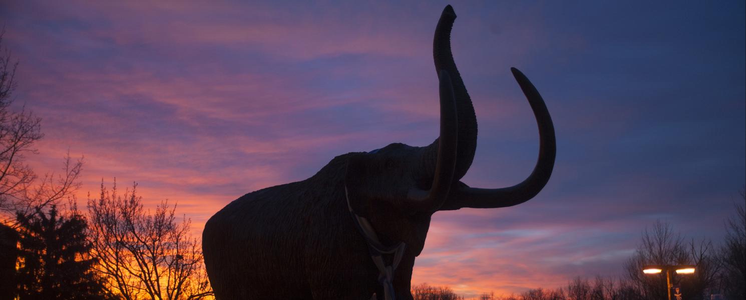 Bronze mastodon silhouetted in the evening sunset.