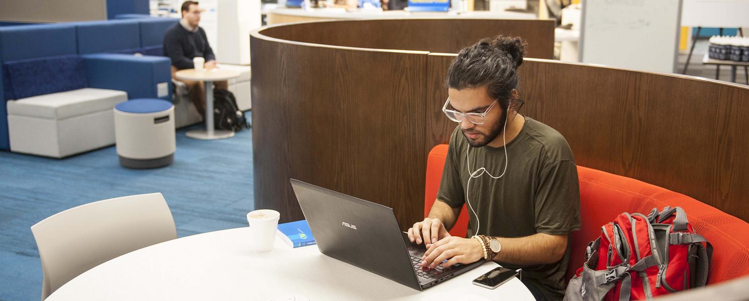 Student studying his class assignments on his laptop in the Helmke Library.