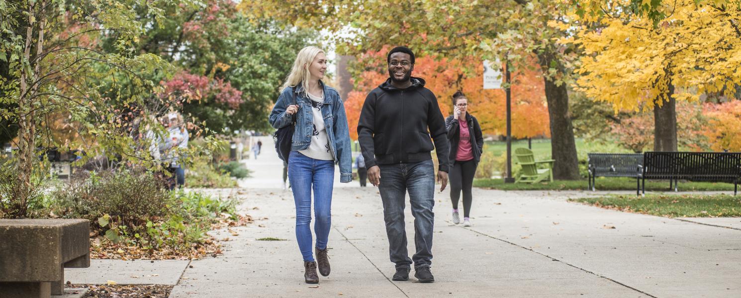 Students walking and discussing their class notes.