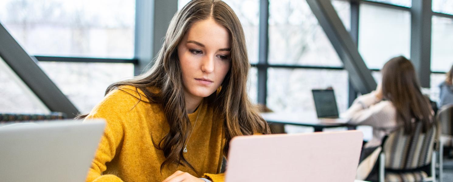 Student studying her class notes on her laptop.