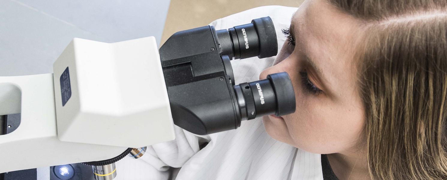 Biology student examining a slide sample on a lab microscope.