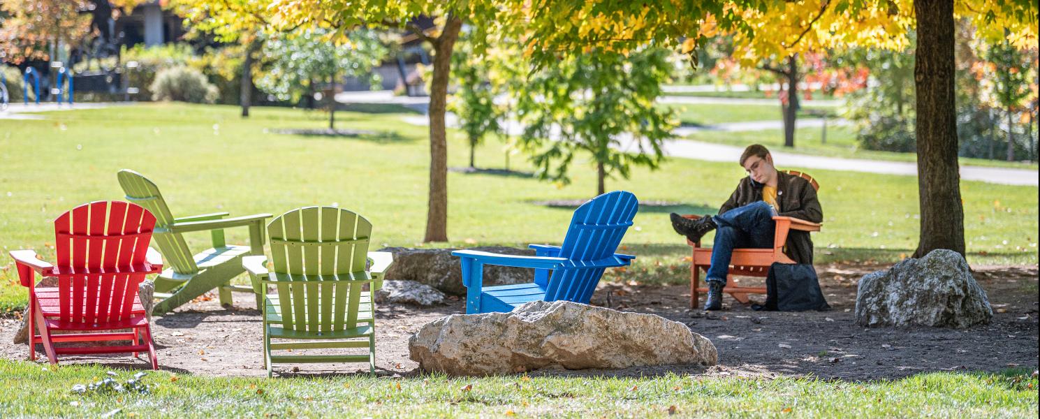 Student studying his class notes outdoors.