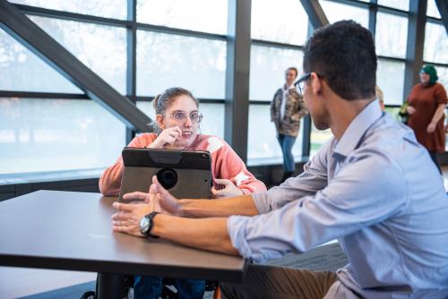 Students study together on the Sky Bridge.