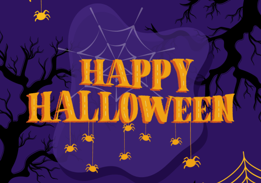 purple background with orange words saying happy halloween and cobwebs in the corner