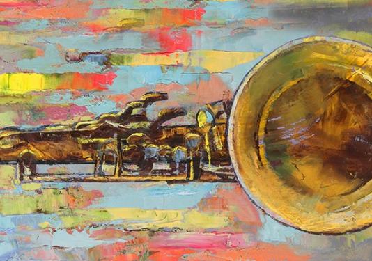 Saxophone painting with blue, pink, yellow, and gray 