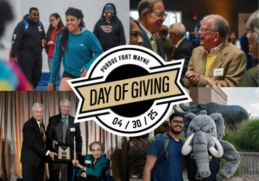 logo with images featuring students, faculty, donors, and Don the Mastodon