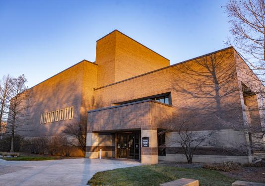 Entrance to the Engineering, Technology, and Computer Science building on an autumn day.