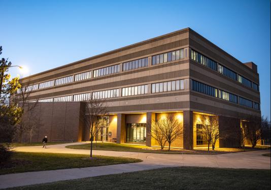 Science building at dusk.