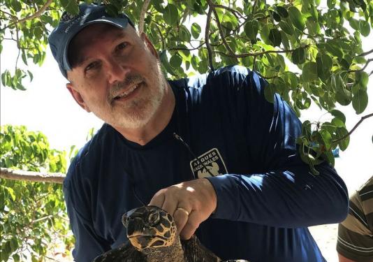 Professor Frank Paladino with a hawksbill turtle.